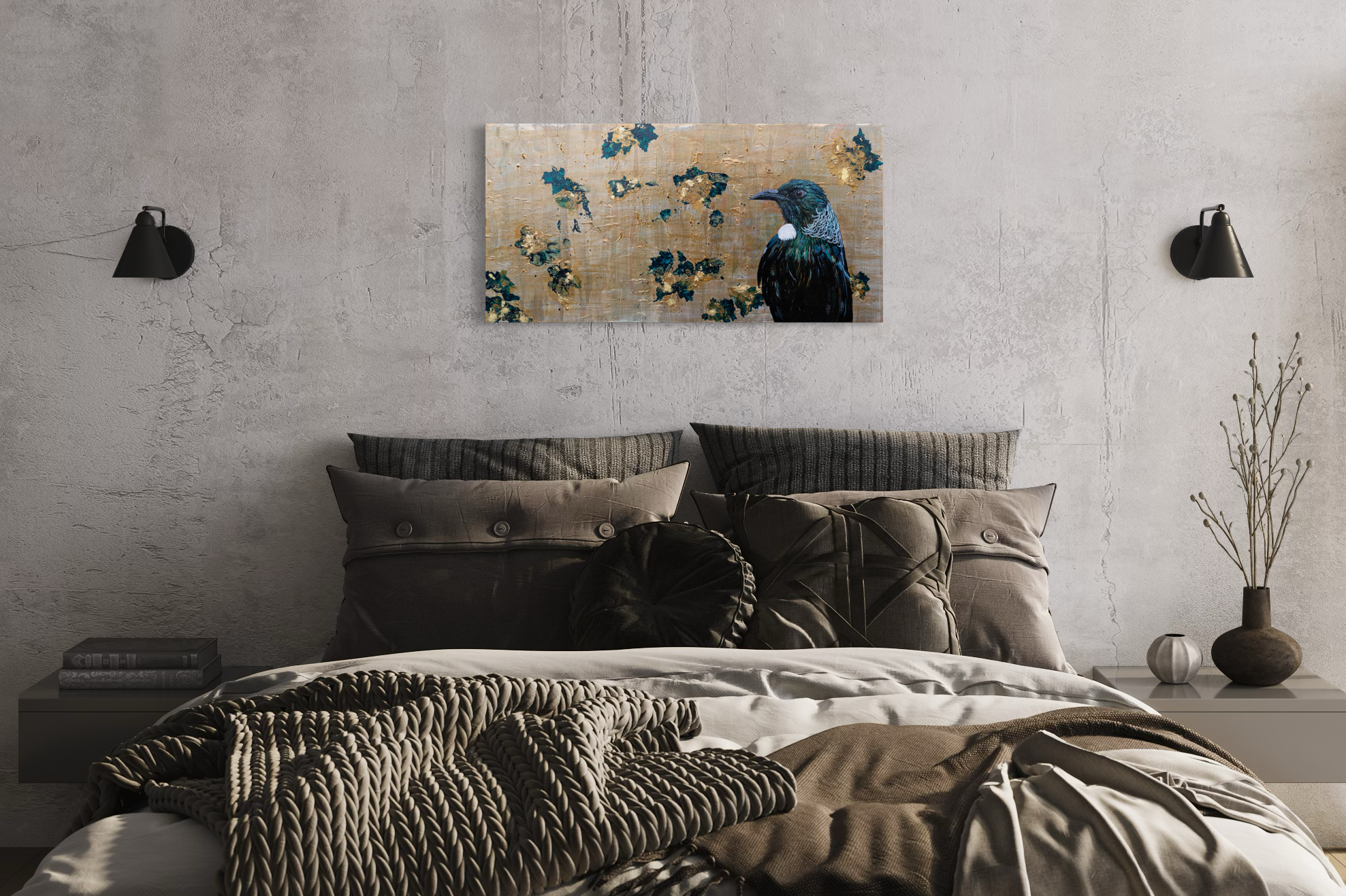 NZ Tui realism & abstract acrylic painting with gold and bronze metallics