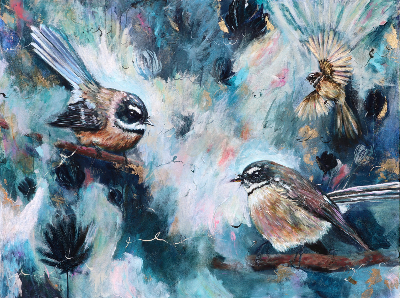 Artistic depiction of Piwakawaka NZ birds with a colourful abstract background